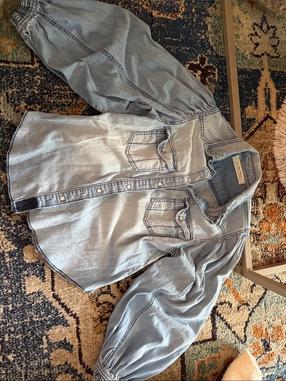 We The Free Light Blue Denim Peasant Shirt